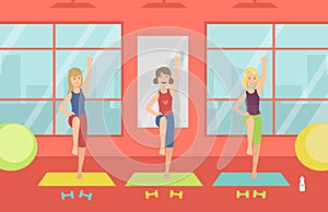 Young Women Doing Aerobic Exercises in Gym, Healthy Lifestyle, Sport Gym Interior with Workout Equipment Vector