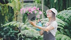 Young women doing hobbies taking care of plants, watering, shoveling flowers.
