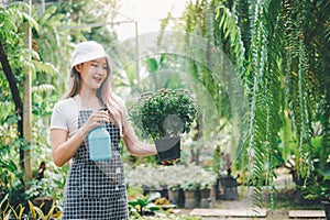 Young women doing hobbies taking care of plants, watering, shoveling flowers. In the garden during the break from work