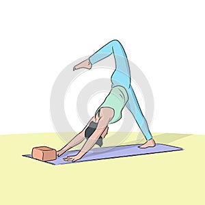 Young women doing yoga exercises on mat hand drawn isolated on white background illustration vector