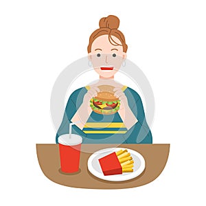 Young women eating hamburger with french fries, and soda. Unhealthy foods concept.