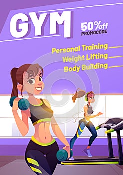 Young women exercising in gym, fit girls workout