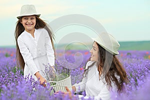 Young woman and girl are in the lavender field, beautiful summer landscape with red poppy flowers