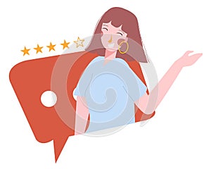 Young women give testimonial comments and positive ratings on the online application modern flat cartoon design.