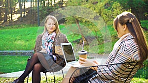 Young women having business meeting in park