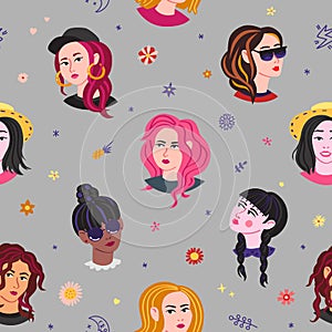 Young women heads vector seamless pattern. Part two