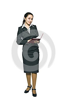 Young women with headset and red organizer