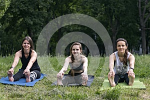 Young women on the morning yoga, performs stretching exercise during group workout in park. Fitness and healthy lifestyle