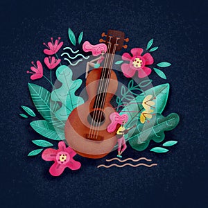 Young women near big guitar hand drawn character. Scandinavian style doodle decorative leaves, flowers. Music obsession metaphor