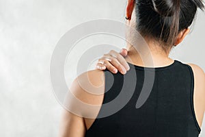 Young women neck and shoulder pain injury, healthcare and medical concept