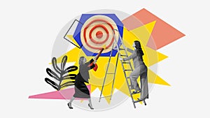 Young women, PR team aiming and climbing upwards the target. Contemporary art collage. Strategically reaching target