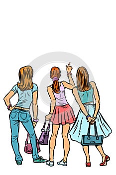 Young women shoppers back. Isolate on a white background