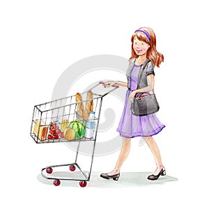 Young women shopping at the grocery store. Watercolor illustration.