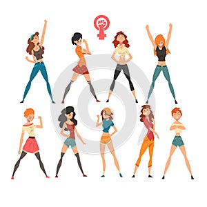 Young women showing fists set, symbols of feminism, fighting, freedom, protest concept, female power and rights vector