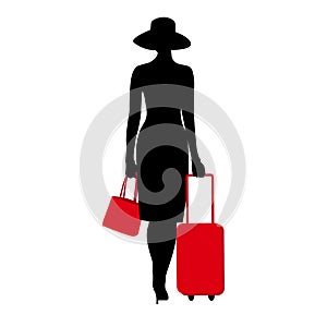 The Young women silhouette, walking with the red suitcase. Stylish chic lady in a hat. Travel luggage vacation trip