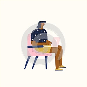 Young women sitting in a chair work on laptop at home. Freelancer working online illustration in vector.