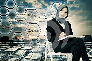 Young women sitting,holding a book and look at her future