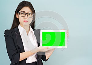 Young women in suit holding her digital tablet mock up