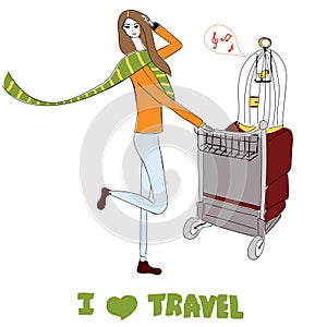 Young women with suitcases and bird cage. For t-shirts print, phone case, posters, bag print, cup print or notepad cover