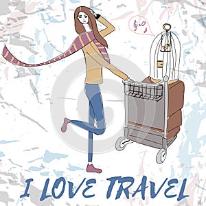 Young women with suitcases and bird cage. For t-shirts print, phone case, posters, bag print, cup print or notepad cover