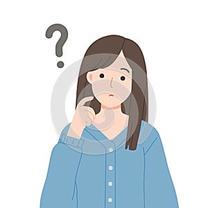 Young women thinking with question mark icons.