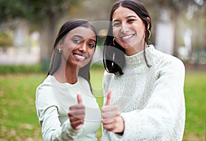 Young women, thumbs up and university students happy for education or yes for academic study or success portrait and on