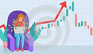 Young women trading stocks market on laptop  get profits,Candlestick graph buy and sell sign, young girl  investing concepts,