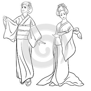 Young women in traditional Japanese kimono, isolated drawing. St