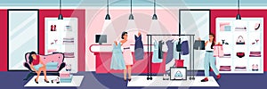 Young women try on dresses and shoes in clothing boutique. Vector flat cartoon illustration of fashion store interior