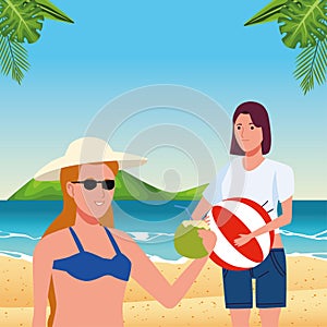 Young women wearing swimsuit on the beach characters