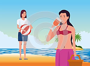 Young women wearing swimsuit on the beach characters