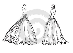 Young women wearing wedding dresses. Bridal look fashion illustration