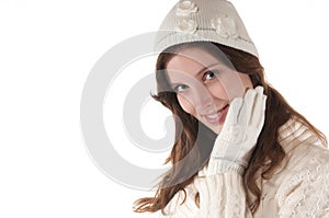 Young women with white knit hat and glove