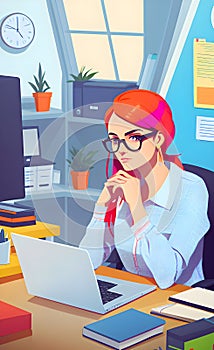 Young women working with laptop in office