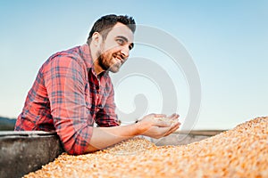 Young male worker, young farmer on farmland smiling and holding corn at sunset