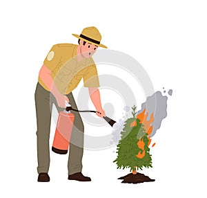 Young worried forest ranger cartoon character extinguishing fire on spruce tree isolated on white