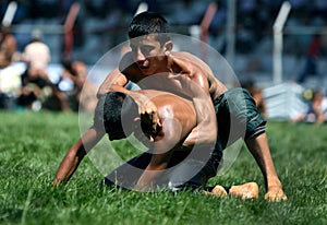 A young wrestler attempts to overpower his opponent at the Elmali turkish Oil Wrestling Festival in Turkey.