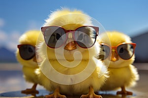 Young yellow chick dons tiny sunglasses, a soft, adorable farmer