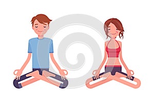 Young yogi man and woman practicing yoga, Padmasana pose