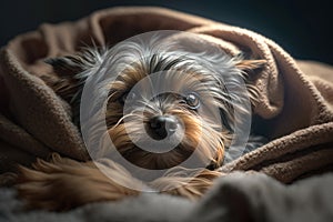 A young Yorkshire Terrier dog under a blanket. The pet is basking under the plaid. The concept of caring for pets.