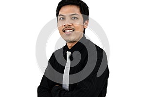 Younger business man smiling and friendly in black shirt.