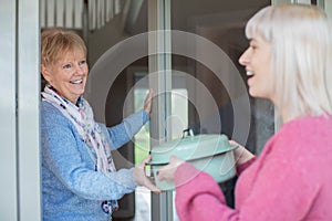 Younger Woman Bringing Meal For Elderly Neighbour At Home