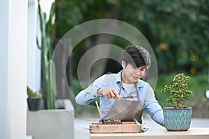 A youngman planting a bonsai tree into pot in garden.