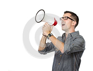 Youngman shouting through megaphone,