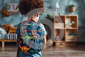 youngster with a backpack featuring dinosaurs preparing for school in their room