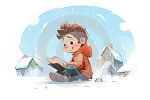 youngster with a book pausing to view the snow