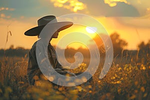 A youngster, donning a large farmer's hat, sits amidst a sprawling field as the sun sets, epitomizing the rural