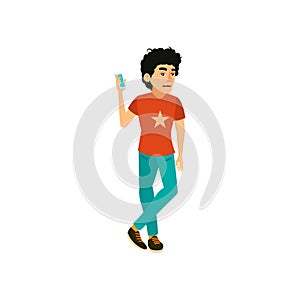 youngster man waiting call long time cartoon vector