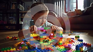 Youngster using magnetic coloreful building bricks