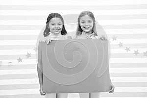 Your advertisement in good hands. Girls kids hold advertisement poster copy space. Children hold advertising banner